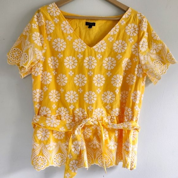 Talbots Bright Yellow Floral Embroidered Short Sleeve Top With Peplum Size 12 - Picture 1 of 11